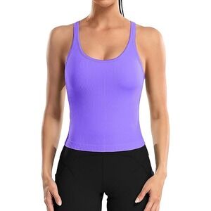 Ribbed Tank Top Built In Bra Yoga Workout‎ Top Purple Athletic Racerback